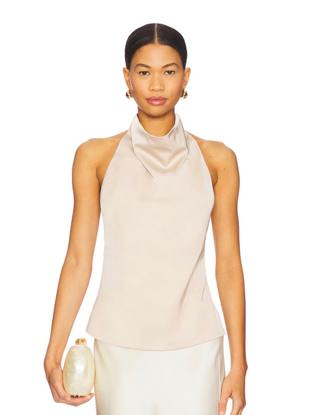 All The Ways Revolve Beth Halter Neck Sleeveless Satin Champagne Top Small NWT